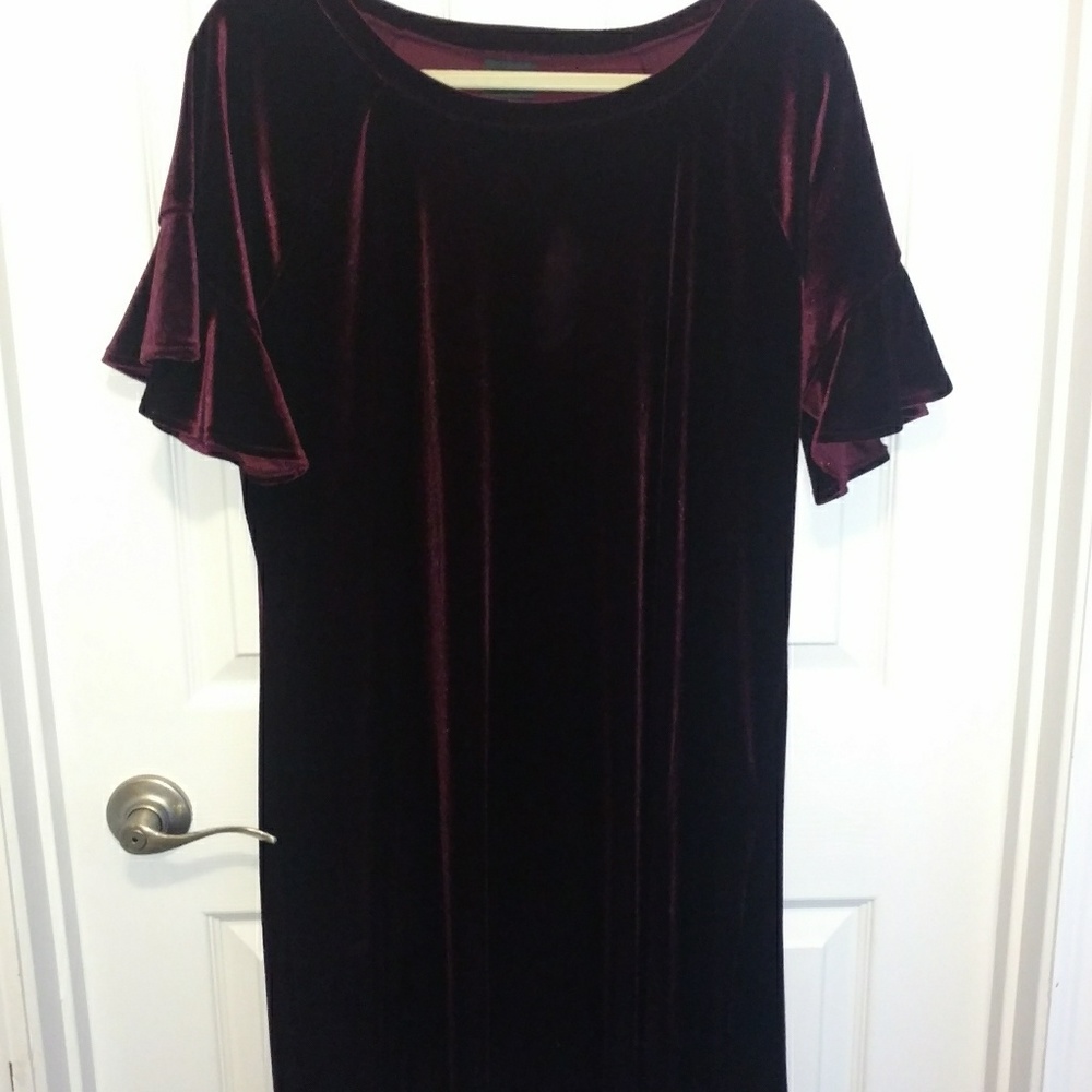 Maroon Velour Short Sleeve Dress with bell sleeves